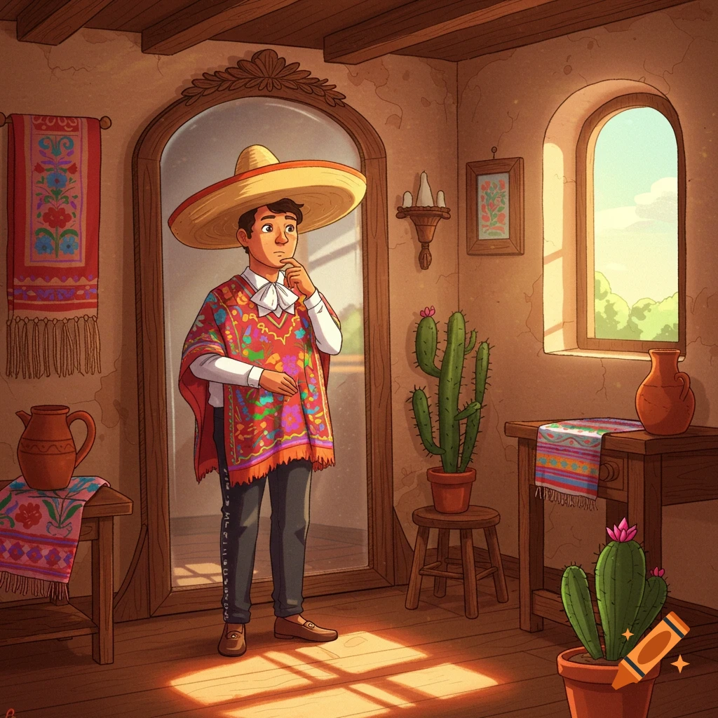 A cartoon Mexican man in a sombrero and colorful poncho looks thoughtfully at his reflection in a mirror in a sunlit room with cacti and pottery.