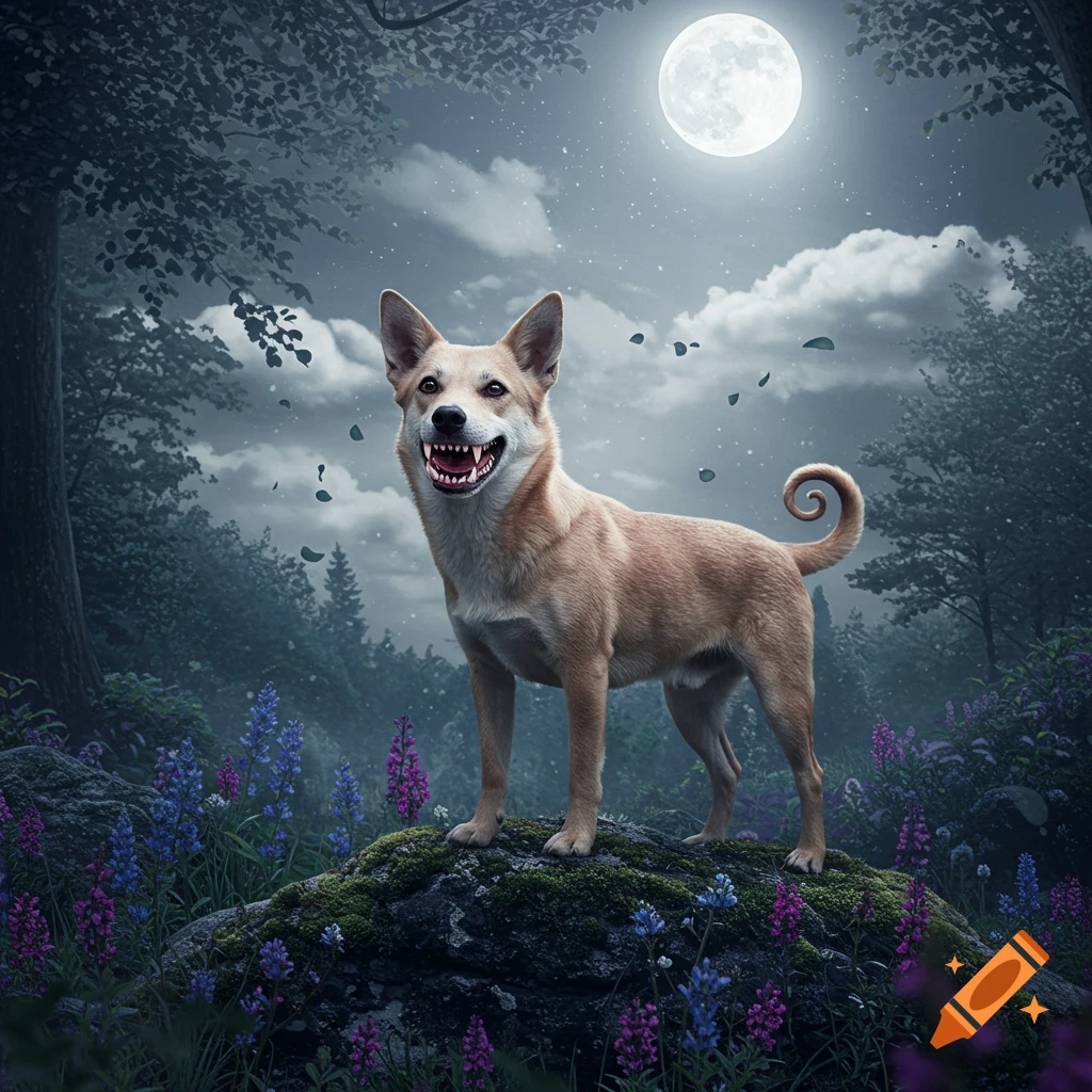 A dog with shark-like teeth and a curly tail stands on a mossy rock in a moonlit forest with purple and blue flowers.