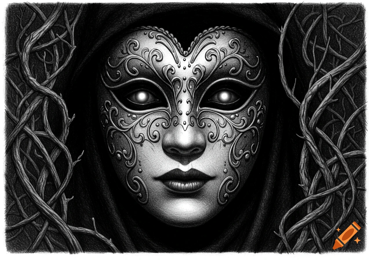 Black and white gothic drawing of an ornate silver mask with glowing eyes on a person's face, surrounded by tangled tree branches.