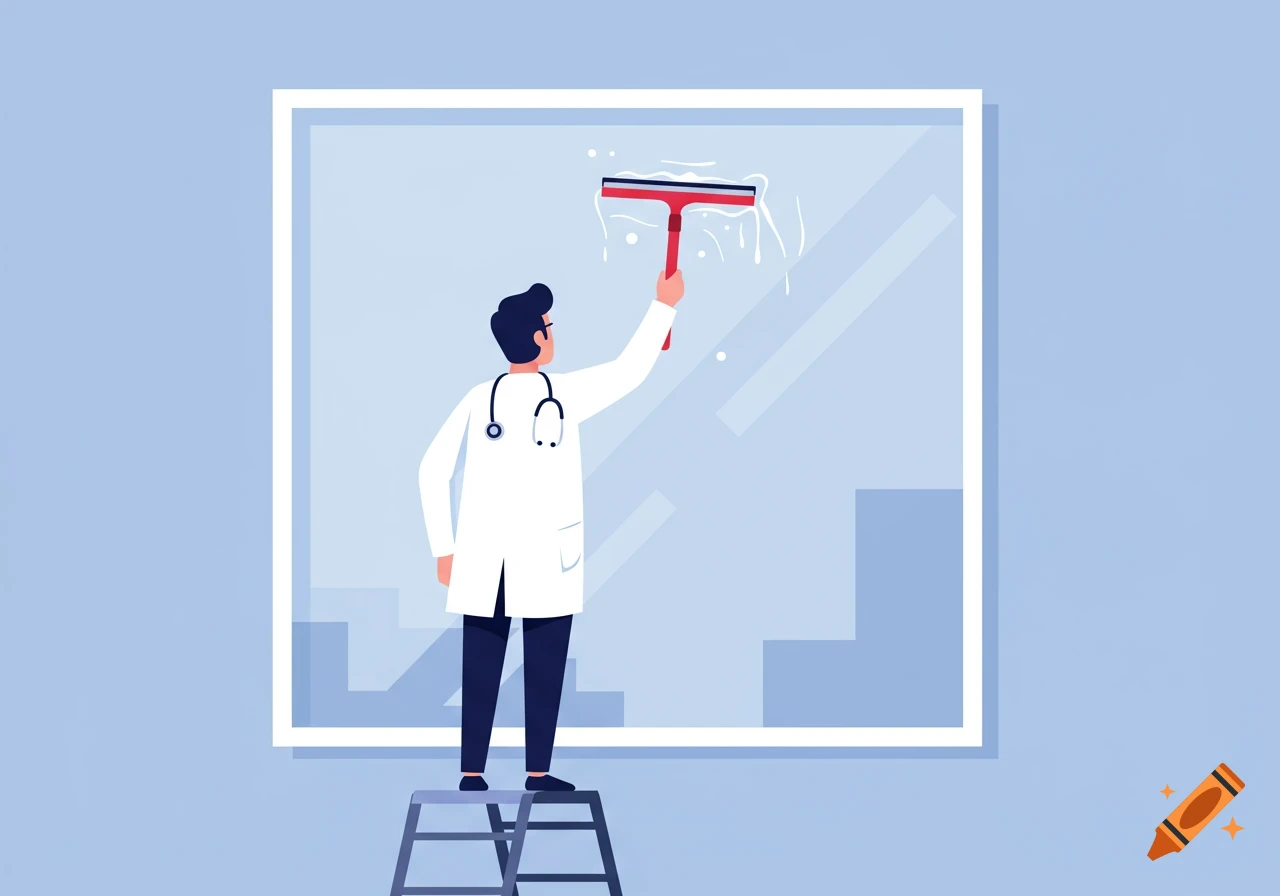 An illustration of a doctor in a white coat and stethoscope standing on a ladder, cleaning a large window with a red squeegee.