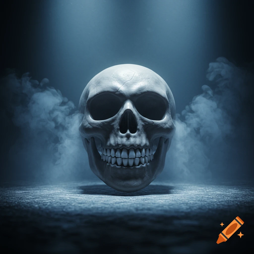 A realistic 3D human skull rests on a dark, textured surface, surrounded by wisps of smoke under dramatic lighting.