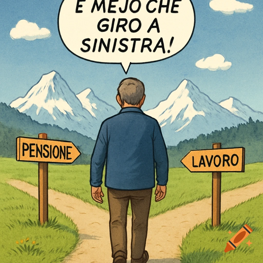 Cartoon man at a mountain crossroads between 'Pensione' (retirement) and 'Lavoro' (work), choosing left; thought bubble says, 'It's better if I turn left!'