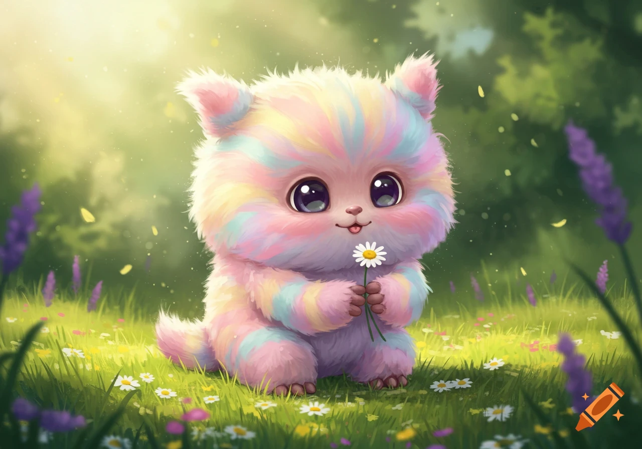 A fluffy, rainbow-striped creature sits in a sunny meadow, holding a daisy with a small smile and tongue peeking out.