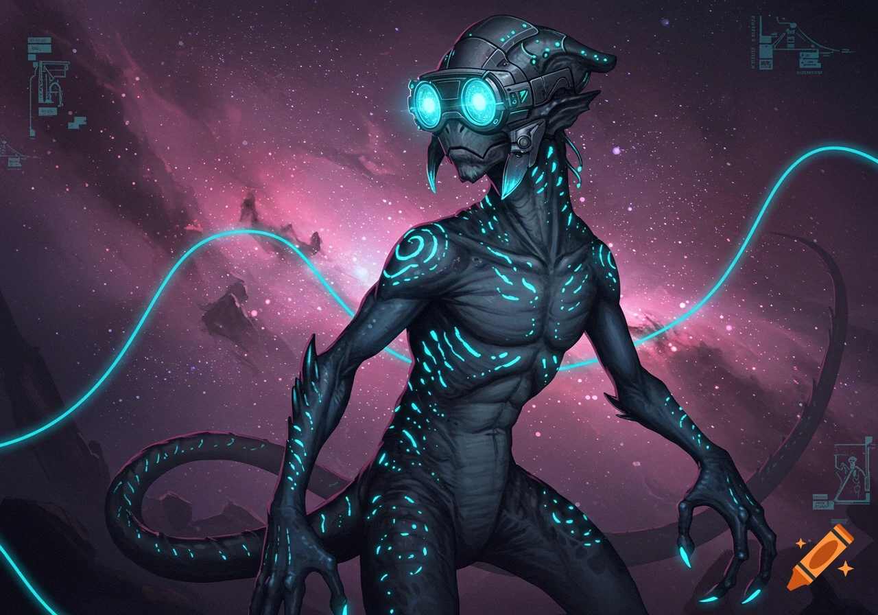 Free picture: Close-up portrait of dark green alien creature with green  light eyes, image size:1280x896