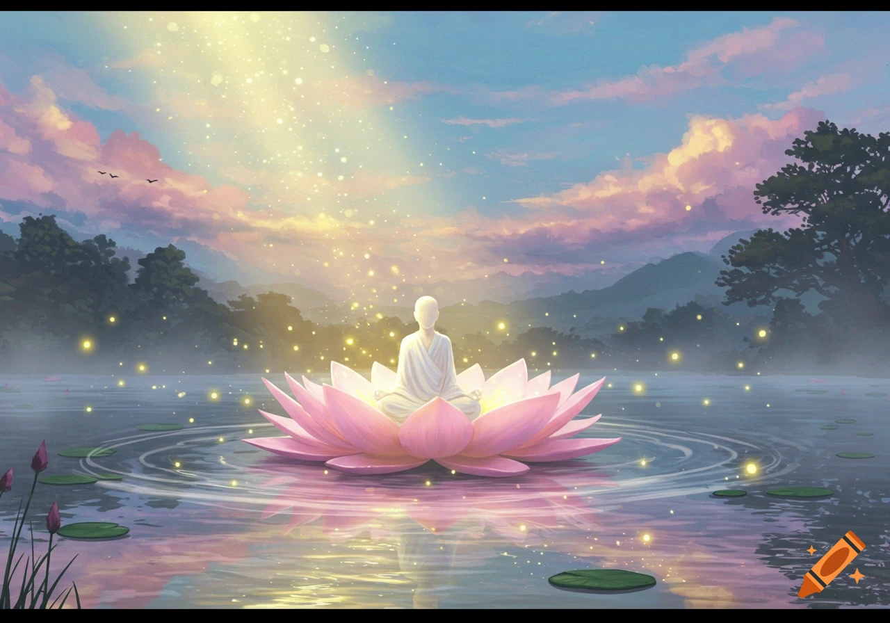 A serene figure meditates on a giant pink lotus flower floating on water, surrounded by glowing particles under a vibrant, cloud-filled sky.
