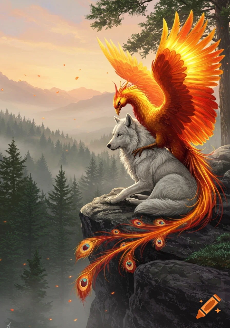 A majestic phoenix with fiery orange wings and tail perches on a white wolf, sitting on a rocky cliff overlooking a misty pine forest at sunset.