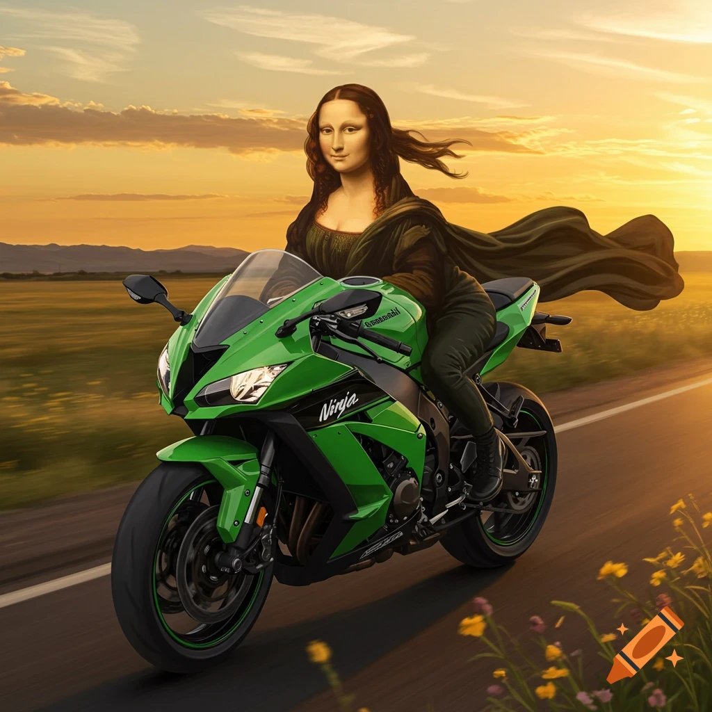 Mona Lisa in a flowing dress rides a green Kawasaki Ninja motorcycle down a road at sunset, photorealistic style.