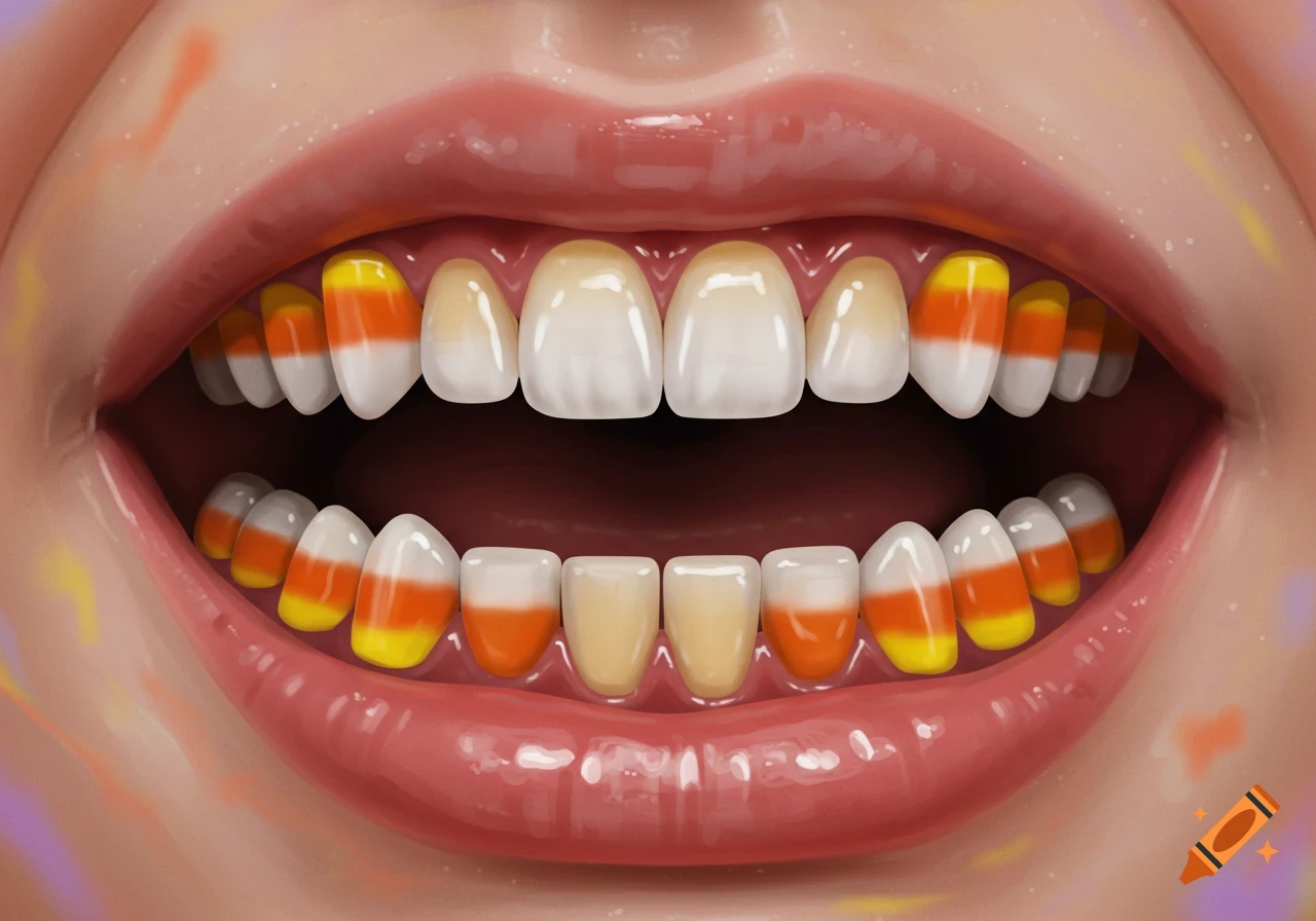 A close-up of an open mouth with shiny pink lips, revealing teeth shaped and colored like candy corn.