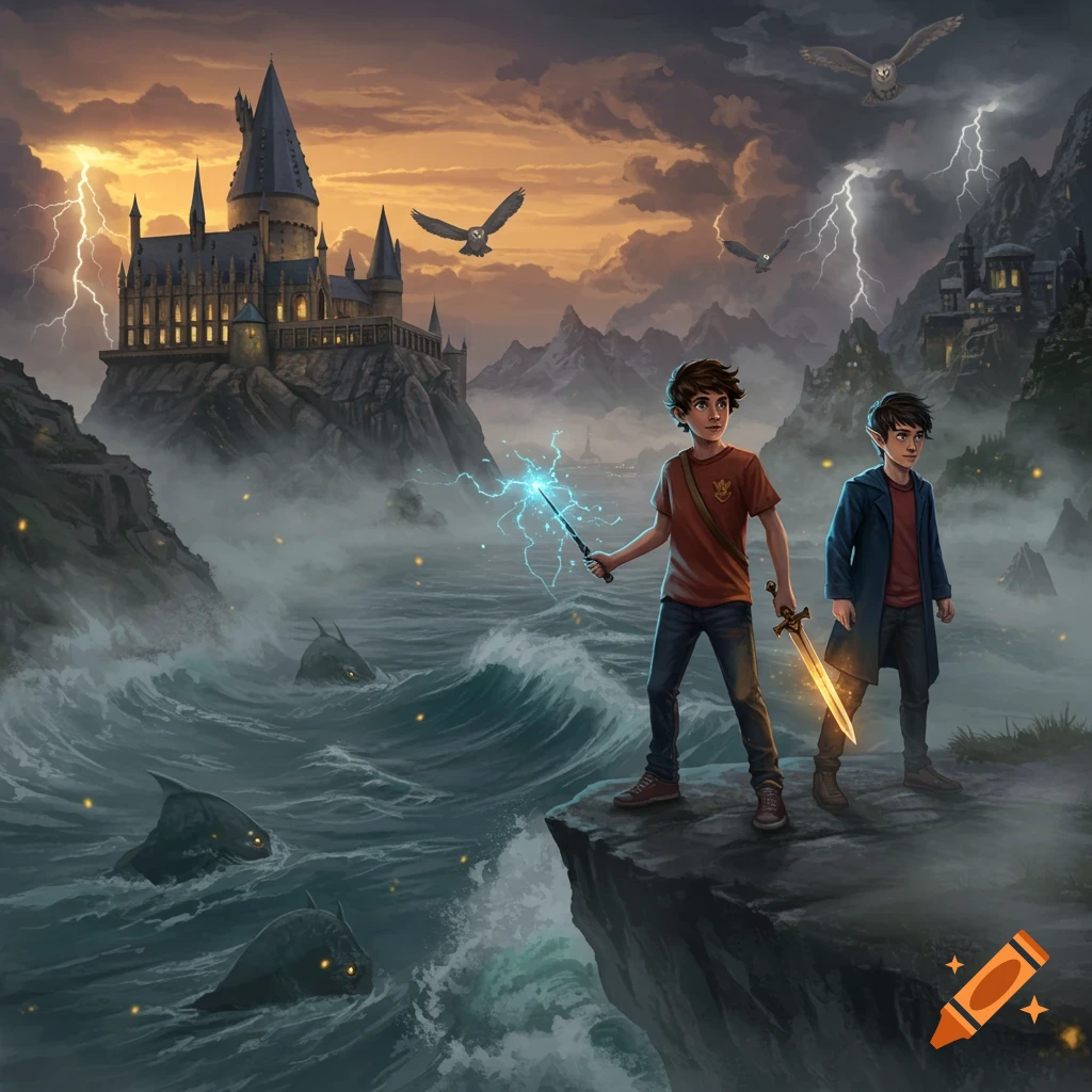 Two boys, one with a magic wand and one with a glowing sword, stand on a cliff overlooking a stormy sea with a magical castle in the distance. Digital fantasy illustration.
