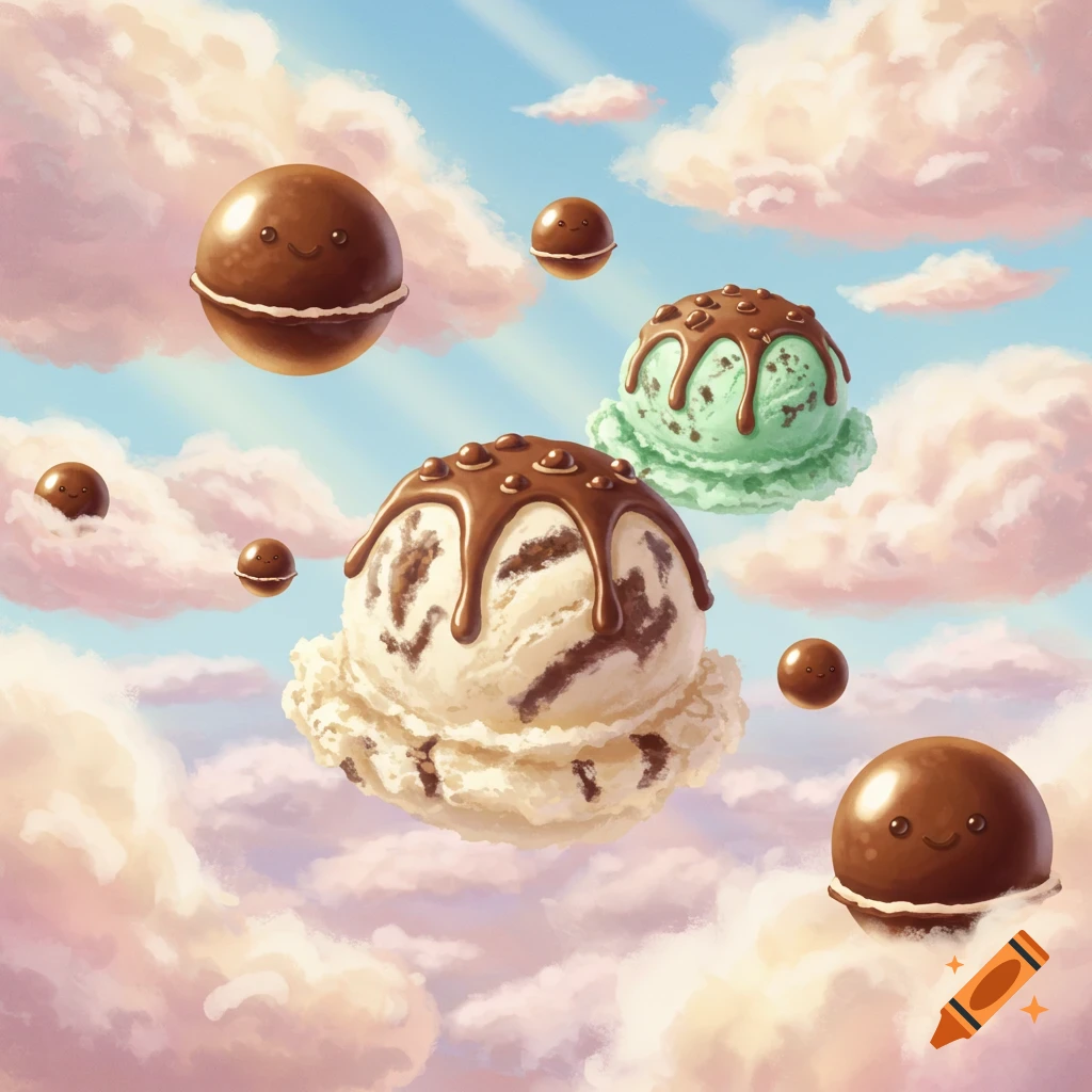 Whimsical illustration of vanilla and mint chocolate chip ice cream scoops and chocolate balls floating in a pastel sky.