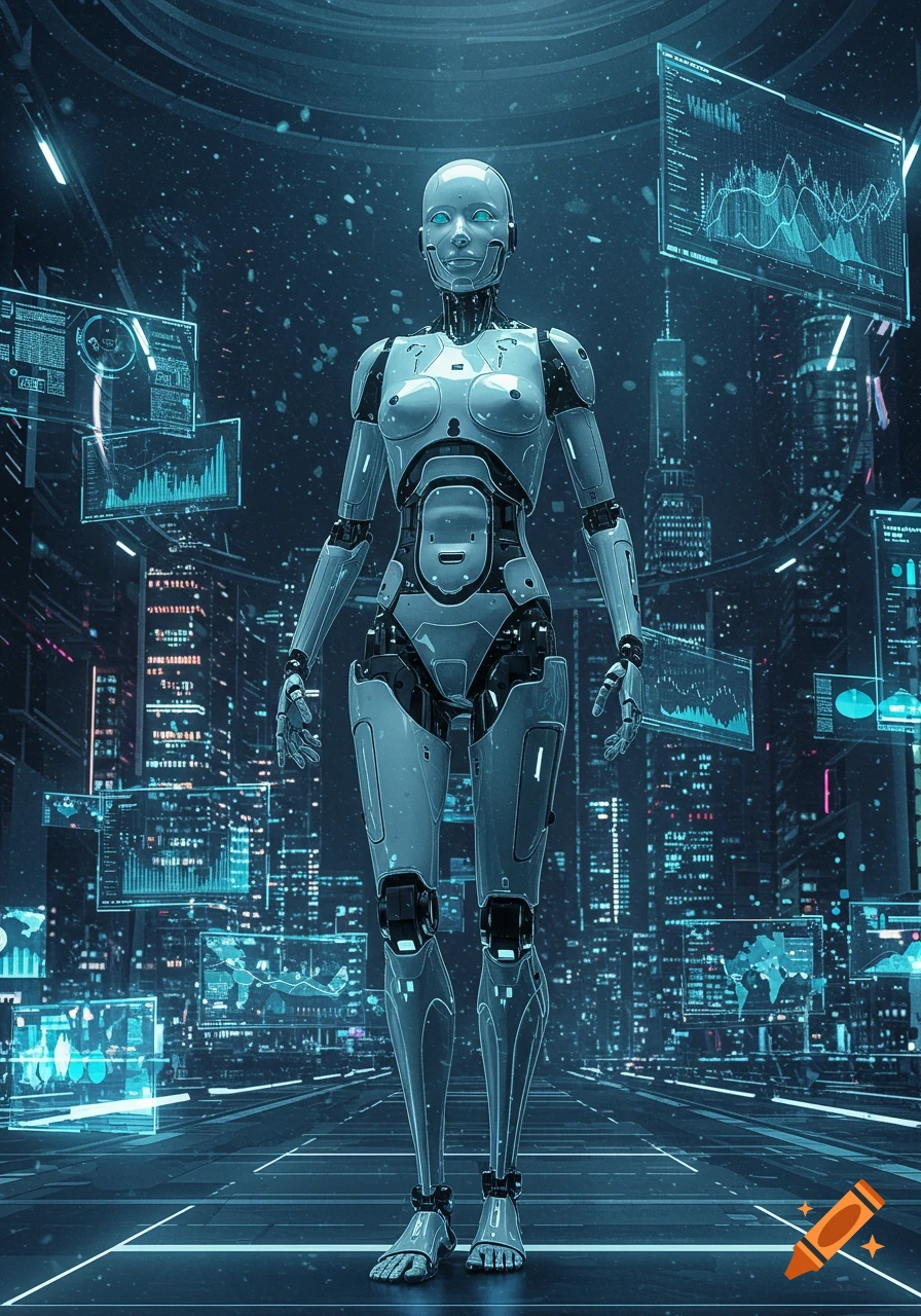 A humanoid robot stands on a glowing platform in a futuristic city, surrounded by floating holographic data displays.