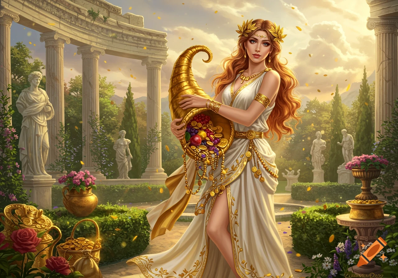 Goddess Abundantia in white and gold toga, holding a golden cornucopia in an ethereal Roman garden with columns and statues. Digital art.