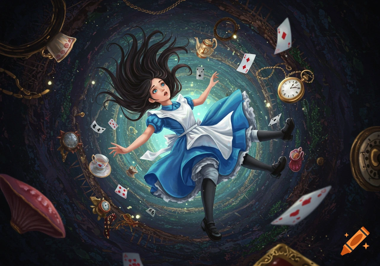 Illustrated Alice in Wonderland falling down a swirling rabbit hole, surrounded by cards, clocks, and teacups.