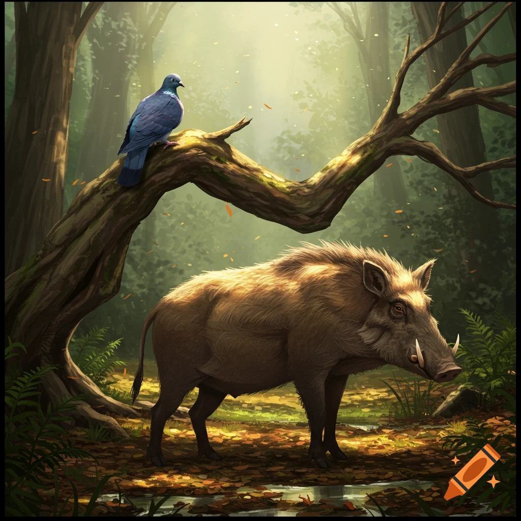 A wood pigeon perches on a gnarled tree branch above a large wild boar standing in a sunlit forest, digital painting.