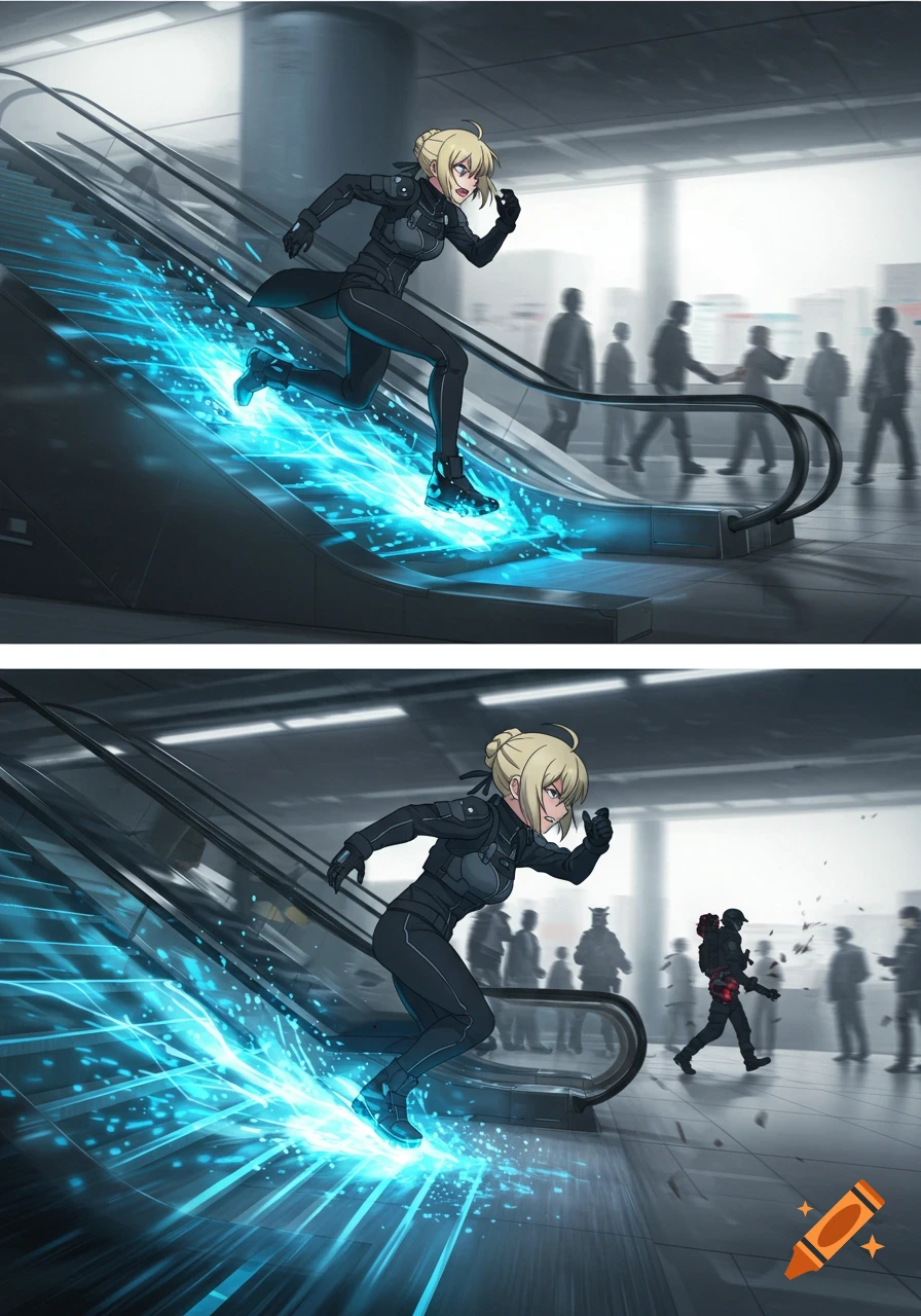 An anime character in black tactical gear runs down a futuristic escalator, leaving a bright blue energy trail. Blurred civilians are in the background.