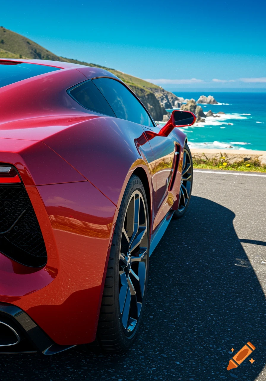 A shiny red sports car is parked on a coastal road overlooking a bright blue ocean with rocky outcrops and green hills under a clear sky.