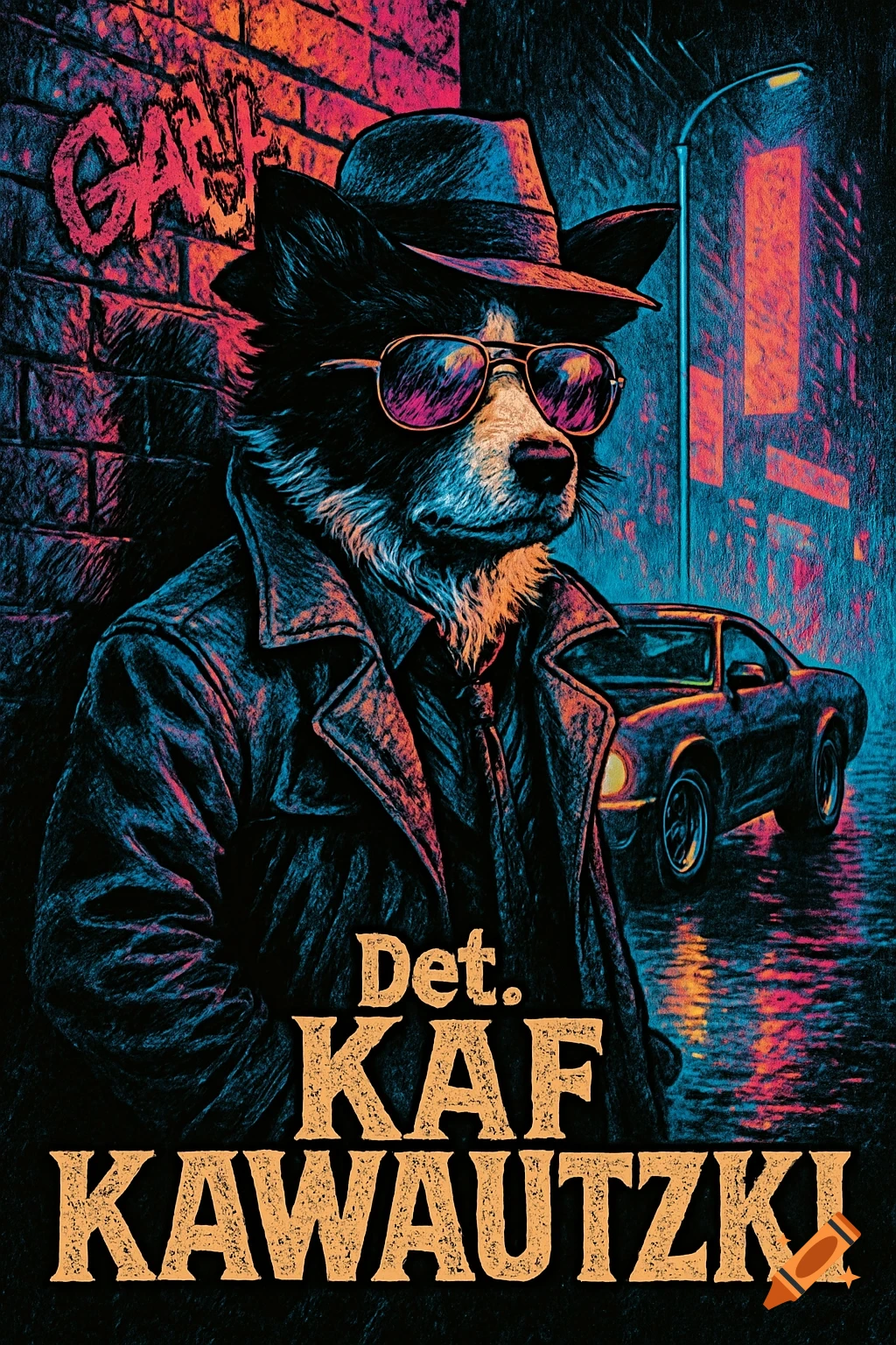 A neon noir comic book art portrait of a dog detective in a fedora, trench coat, and sunglasses on a wet city street at night, with a muscle car behind him. Text reads Det. Kaf Kawautzki.