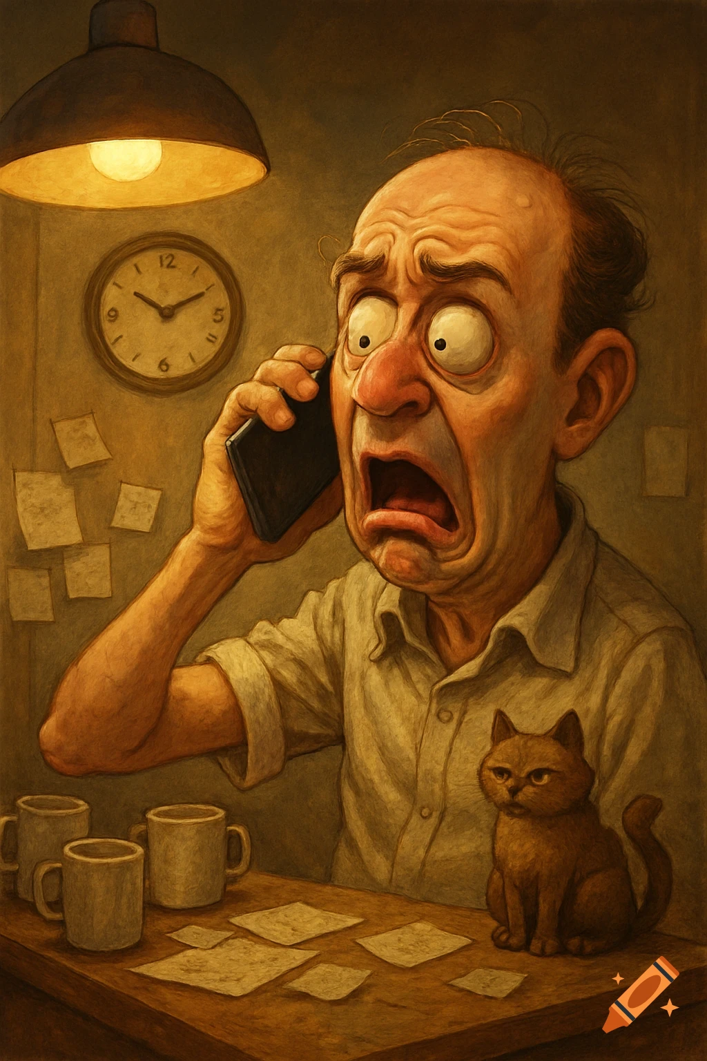 A distressed, cartoonish balding man screams into a phone, eyes wide, under a lamp. A grumpy brown cat sits beside mugs and papers on a table.
