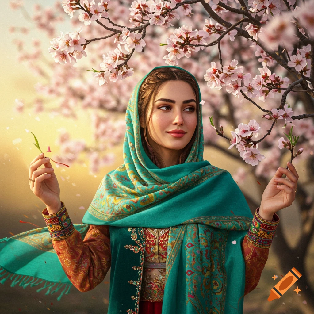 Photorealistic portrait of a beautiful woman in a green headscarf and traditional dress holding leaves under a blooming tree with pink flowers.