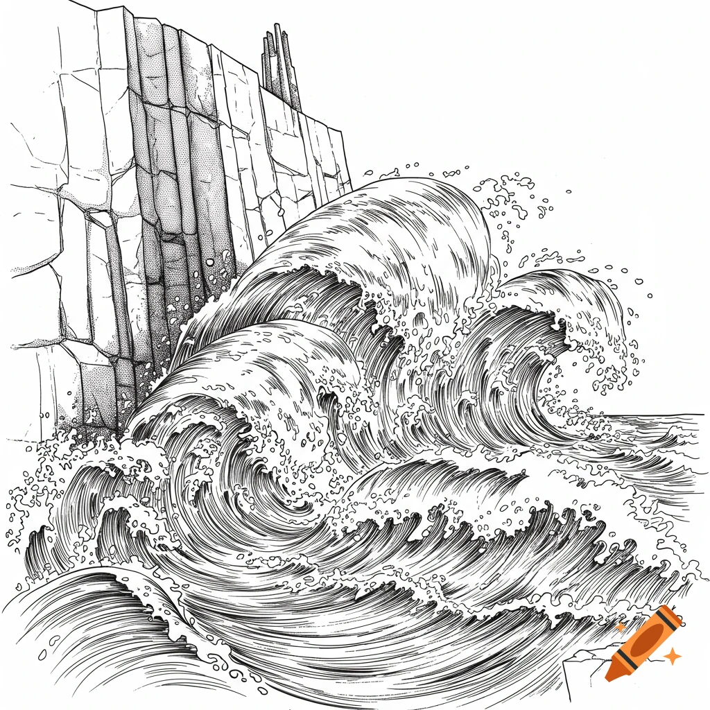 Line art illustration of powerful ocean waves crashing against a tall, rocky cliff.