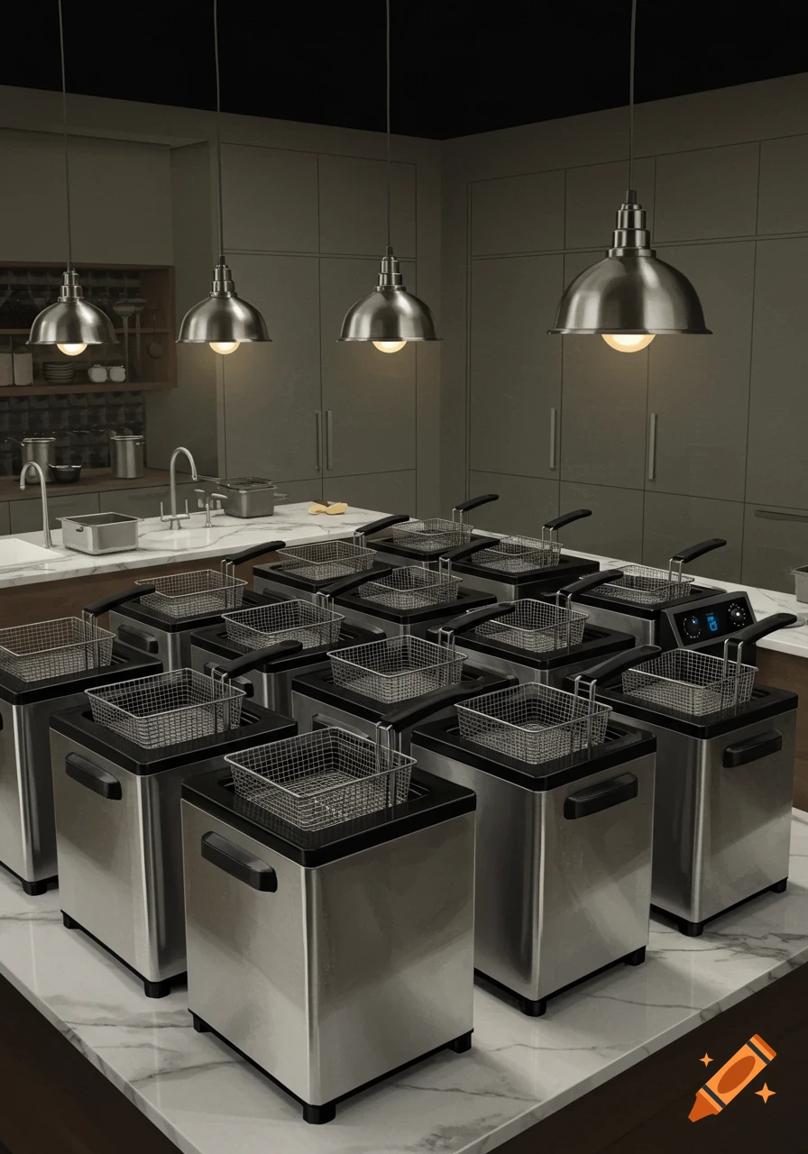 Photorealistic image of many stainless steel deep fryers in a modern commercial kitchen with overhead lights.