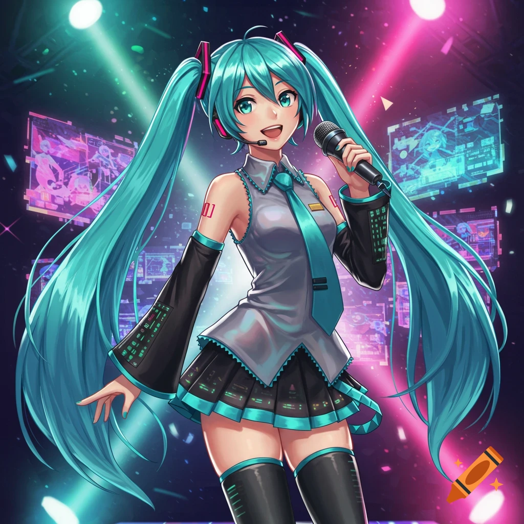 Hatsune Miku, a virtual idol with long teal pigtails, sings into a microphone on a stage with glowing screens and colorful spotlights, in a vibrant anime style.