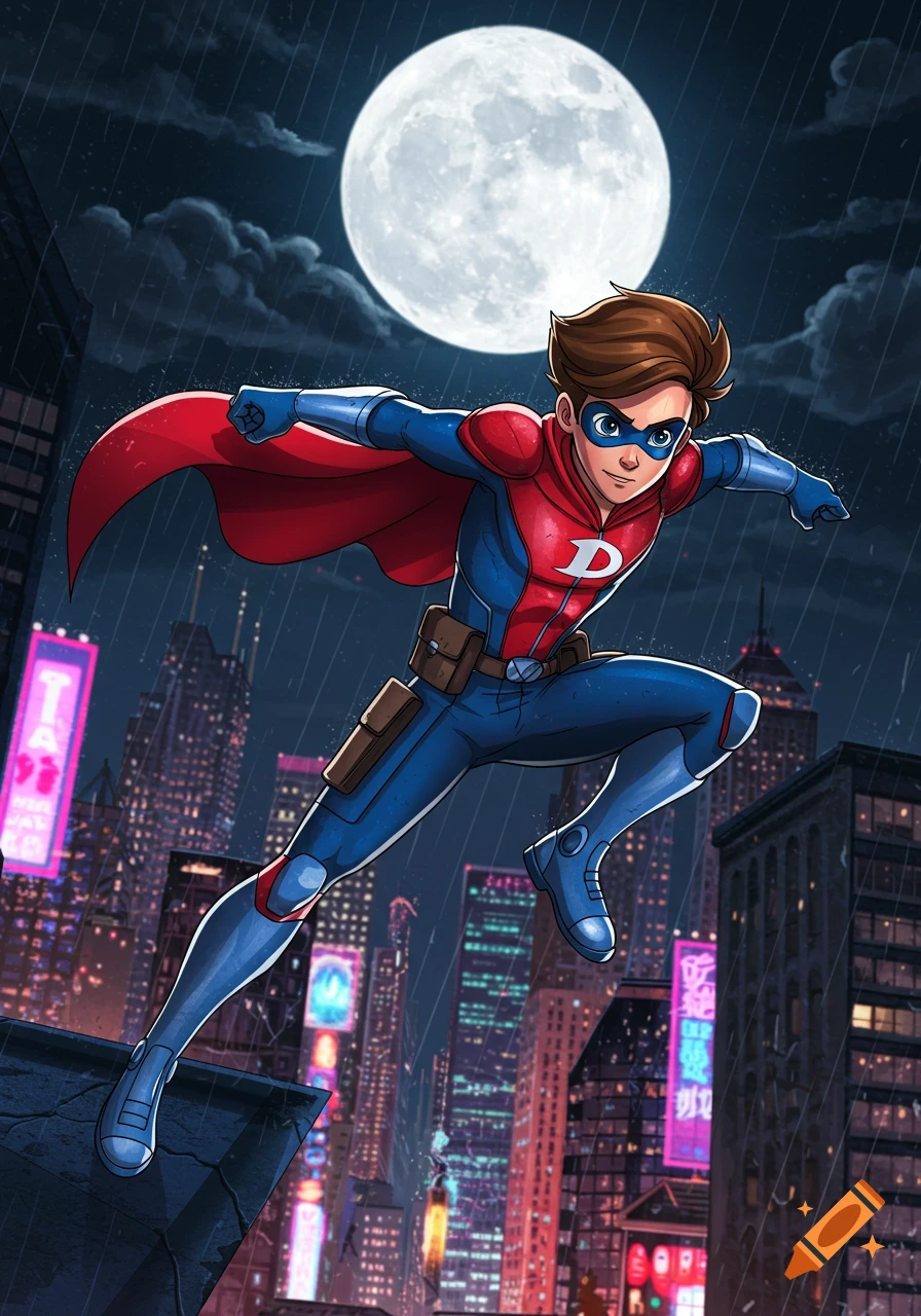 A male superhero in a blue and red suit with a red cape and 'D' emblem jumps over a rainy city at night under a full moon, in a comic book art style.