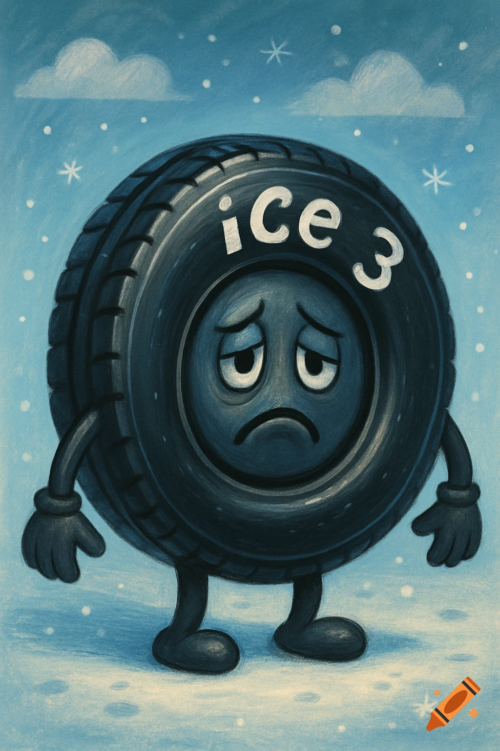 A sad cartoon tire with a face, arms, and legs stands in a snowy landscape under a light blue sky. The text 'ice 3' is on its side.