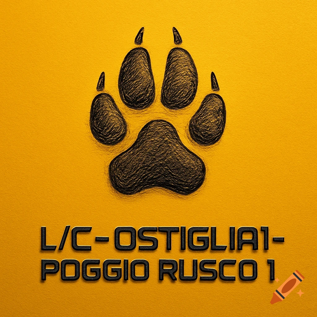 A black textured paw print above the capitalized words "L/C - OSTIGLIA1- POGGIO RUSCO 1" on a yellow background.