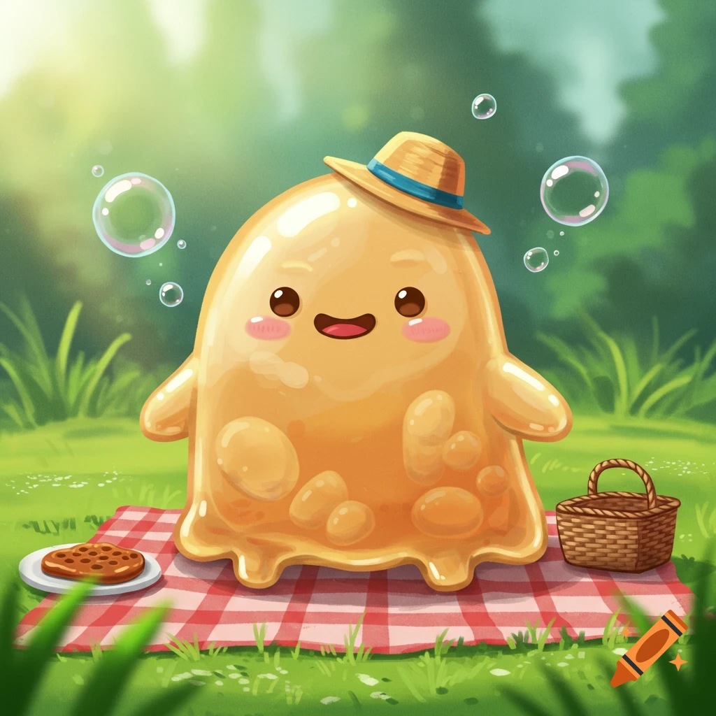 A cute, orange, blob-like mascot wearing a straw hat sits on a red and white checkered picnic blanket in a sunny grassy field with bubbles. A waffle and picnic basket are nearby.