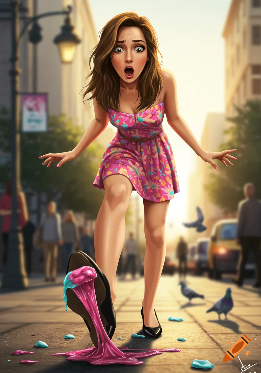 A surprised cartoon woman with brown hair in a pink dress reacts to stepping on vibrant pink and blue gum on a city street.