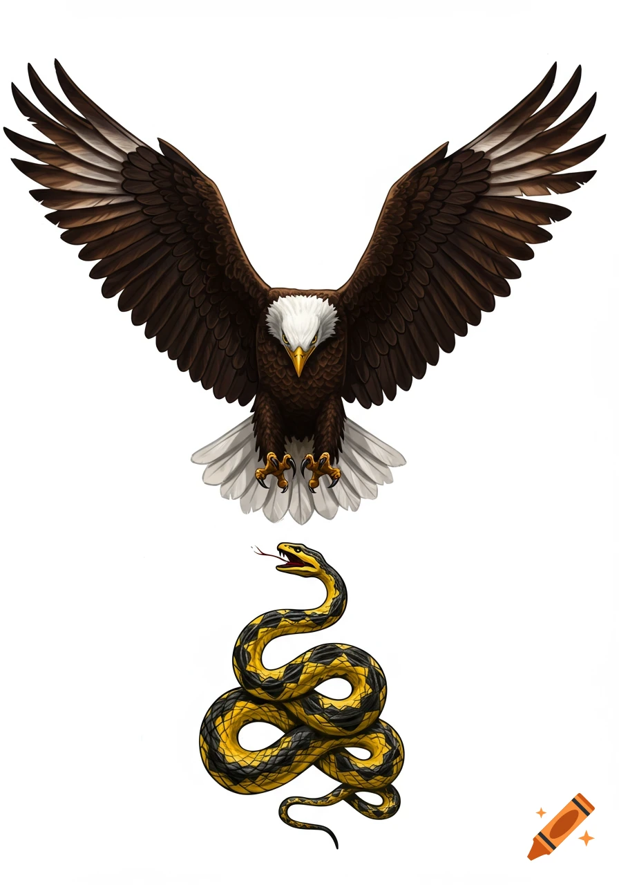 An illustrative image of a bald eagle with wings spread, swooping down towards a coiled yellow and black Gadsden snake, both on a white background.