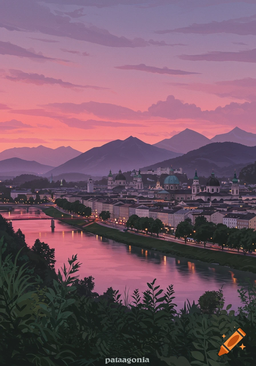 Stylized illustration of Salzburg cityscape at sunset with a pink sky and mountains.