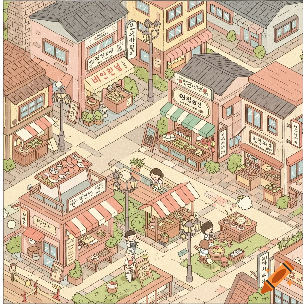 Isometric illustrated map of a bustling market with cute pastel-colored shops and mini-character people, in a hand-drawn style.