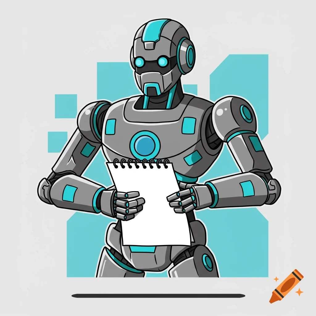 A cartoon illustration of a gray and teal robot holding a blank spiral notepad.