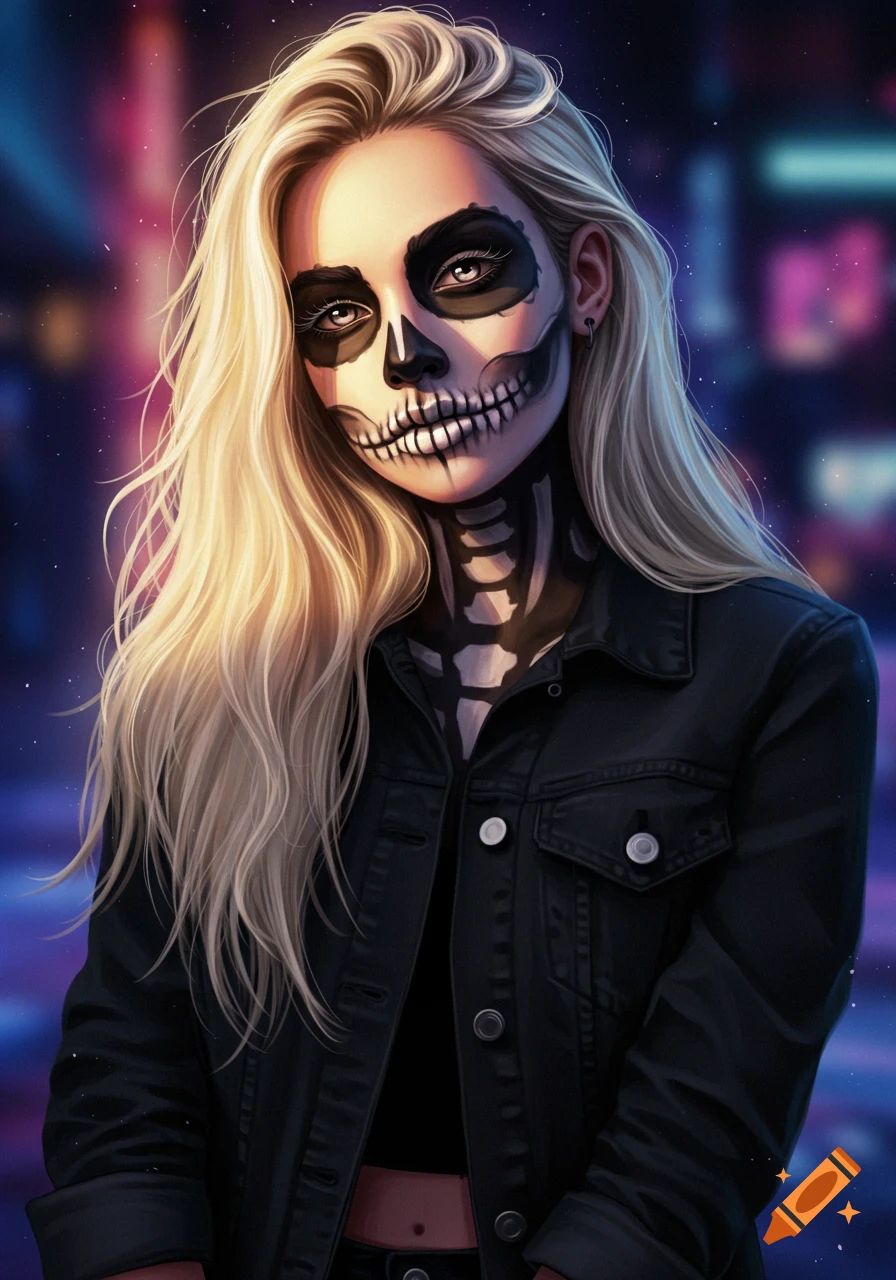 Stylized portrait of a woman with long blonde hair, black and white skull makeup, and a black jean jacket against city lights.