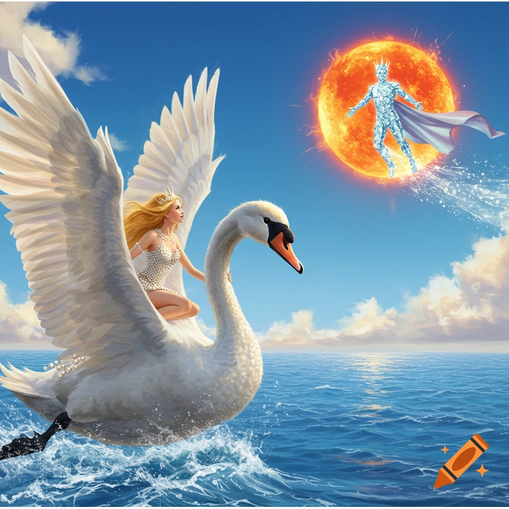 A blonde princess on a white swan flies over the ocean, meeting a diamond prince from the sun in a fantasy scene.