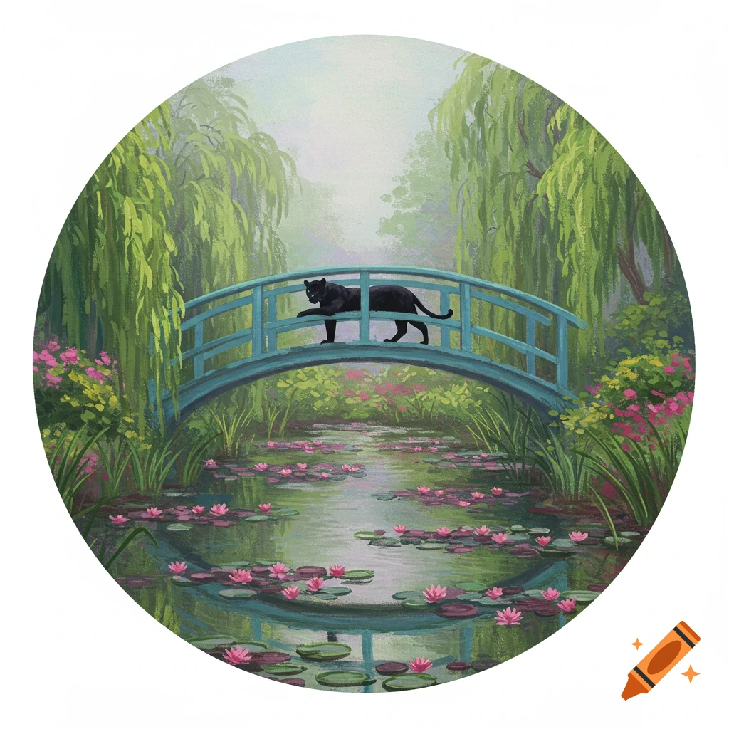 A black panther walks on a blue arched bridge over a pond with pink water lilies and green weeping willows, in a Monet-style painting with a circular frame.