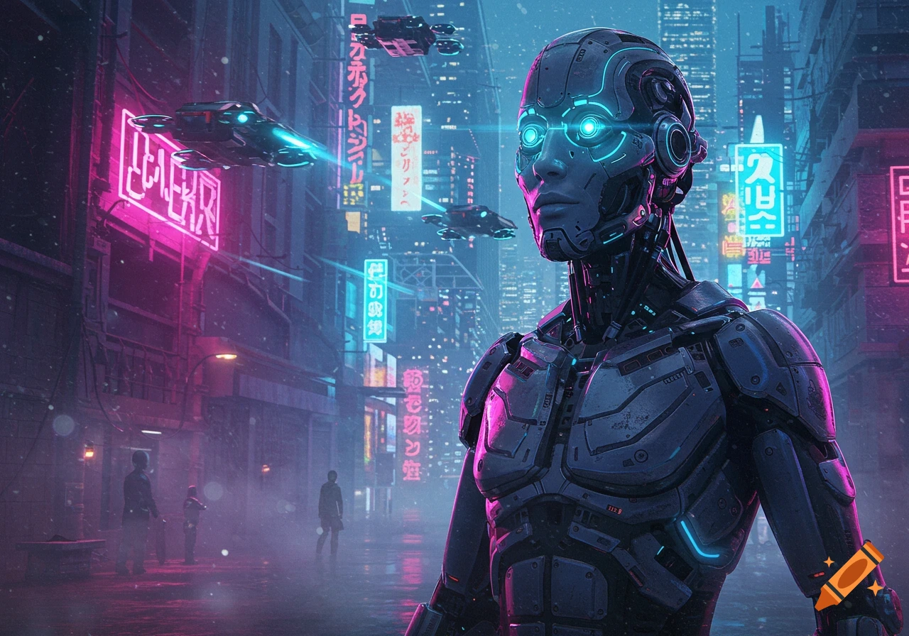 A detailed metallic robot with glowing blue eyes stands in a futuristic cyberpunk city street with neon signs and flying vehicles.
