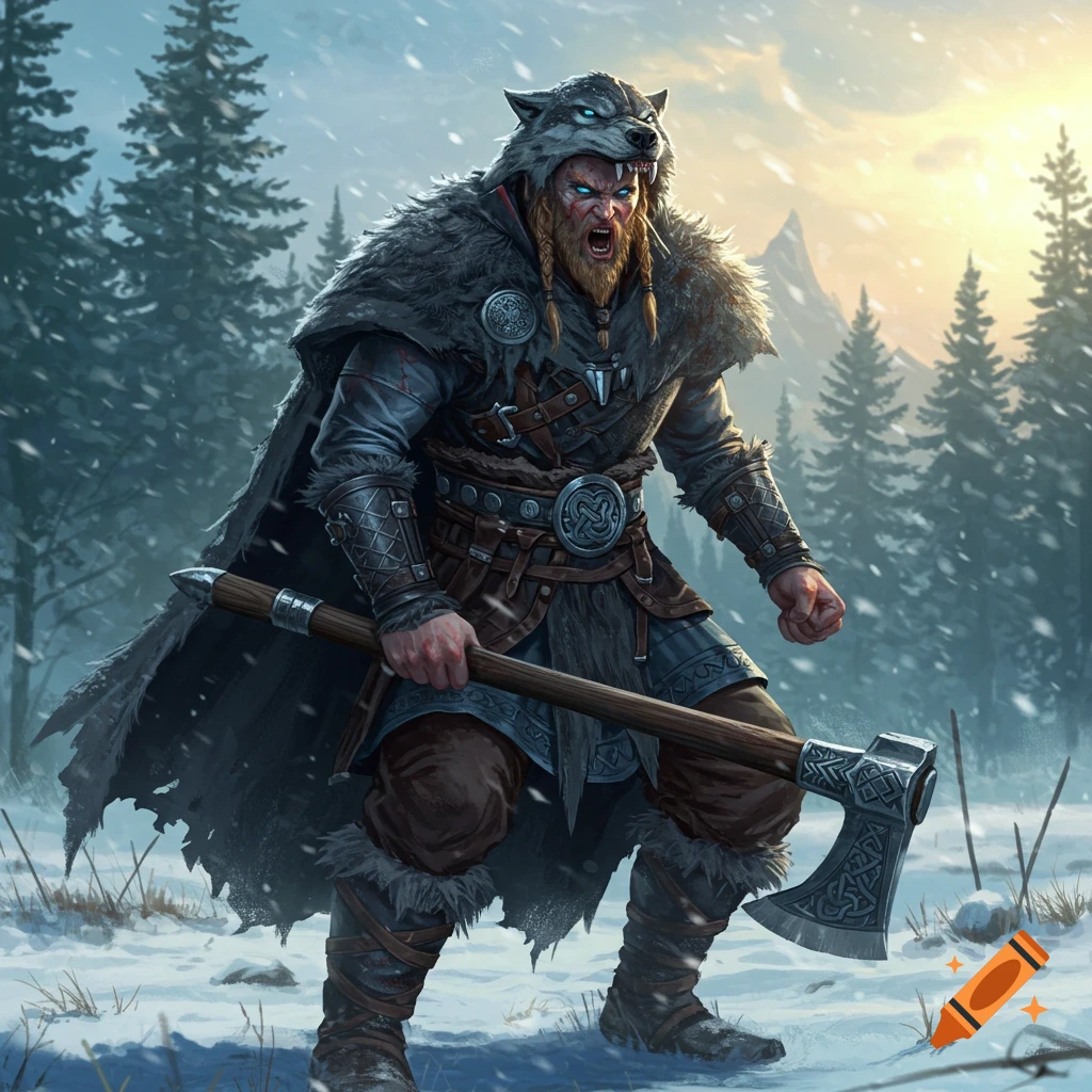 A fierce Viking Ulfhednar warrior in wolf skin armor, wielding a battle axe, stands in a snowy forest.