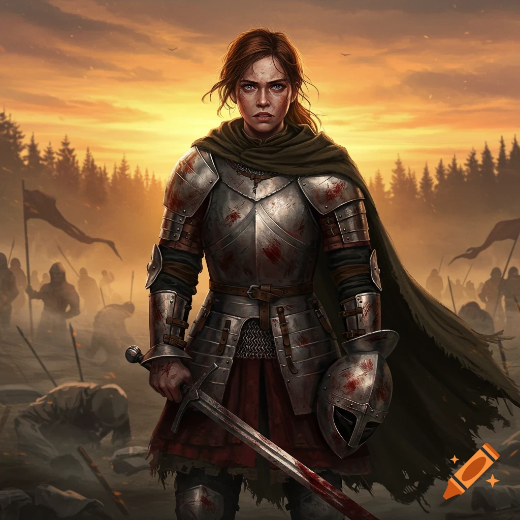 A female warrior in bloodied armor stands on a battlefield with a sword and helmet at sunset, digital painting.