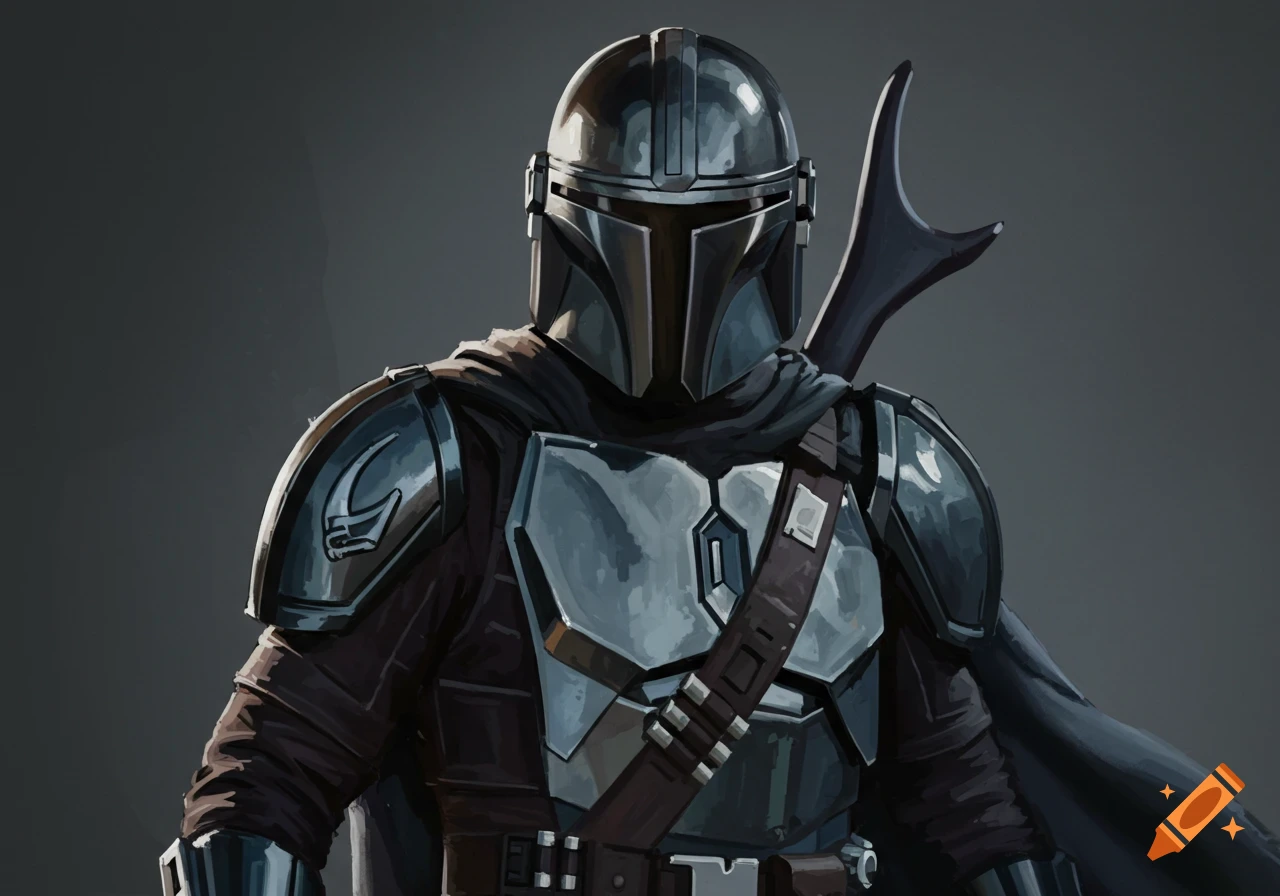 Close-up of a Mandalorian warrior in metallic armor and dark cape against a grey background, in an illustrative style.
