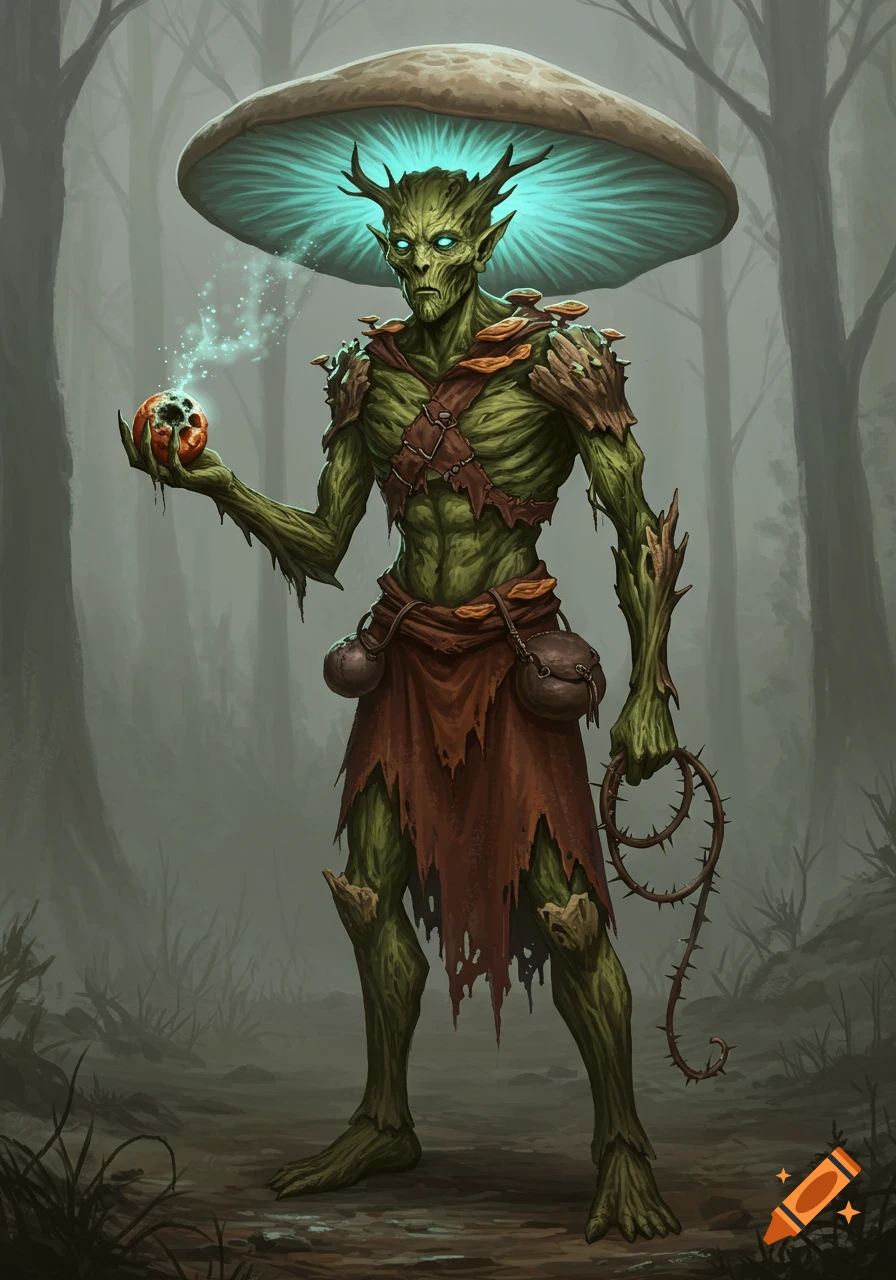 A moss-green, tree-like fantasy creature with a glowing mushroom hat stands in a misty forest, holding a glowing skull and thorny whip. Realistic fantasy style.