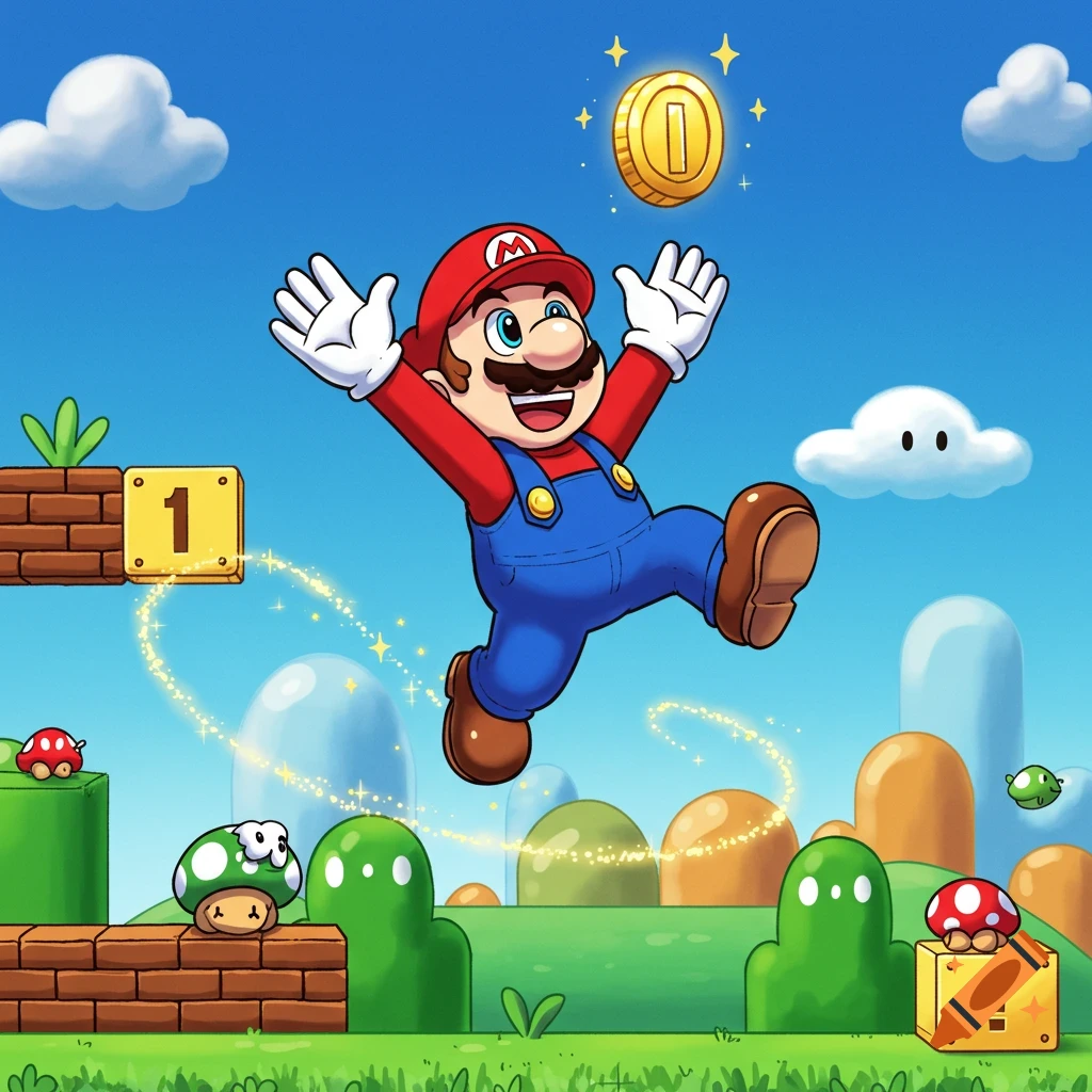 Cartoon Mario jumps to collect a golden coin in a classic Super Mario Bros. level with green hills and brick blocks.