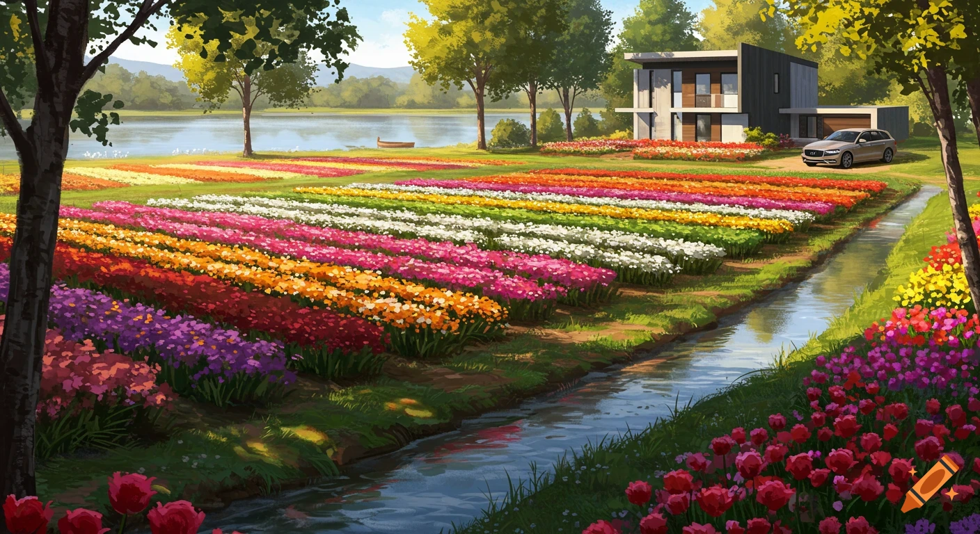 A vibrant flower farm with colorful rows of tulips next to a lake, lush trees, a modern house, and a grey Volvo car.