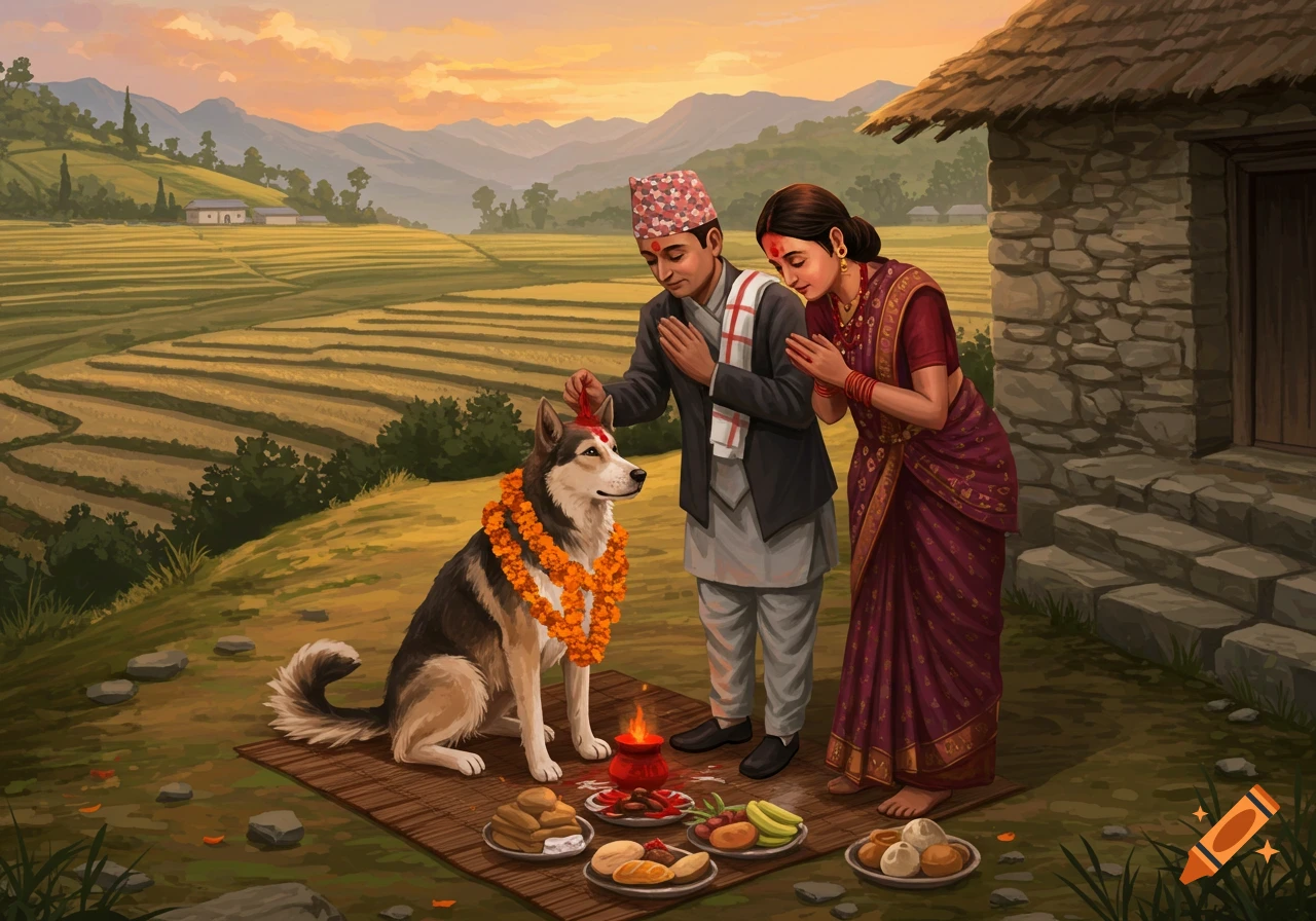 Illustrated Nepali couple worshipping a garlanded dog with tika, offerings, in a rural hillside landscape with terraced fields.