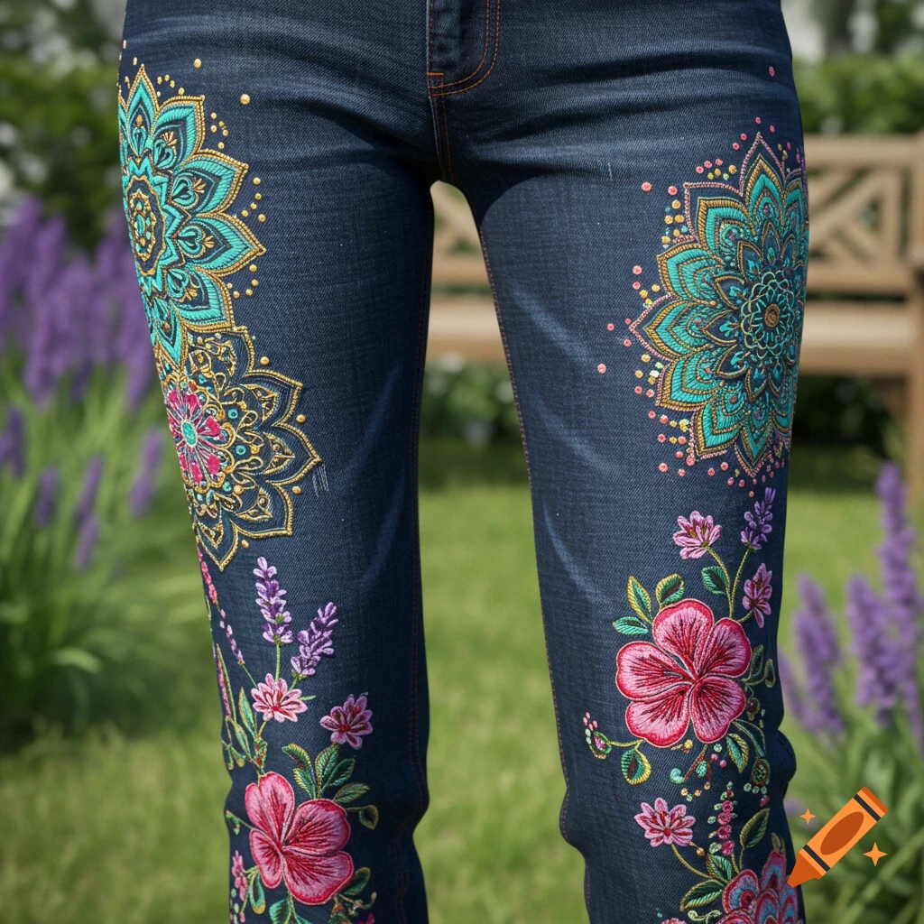Dark blue jeans with intricate colorful embroidery of mandalas, pink and purple flowers, outdoors in a garden setting.