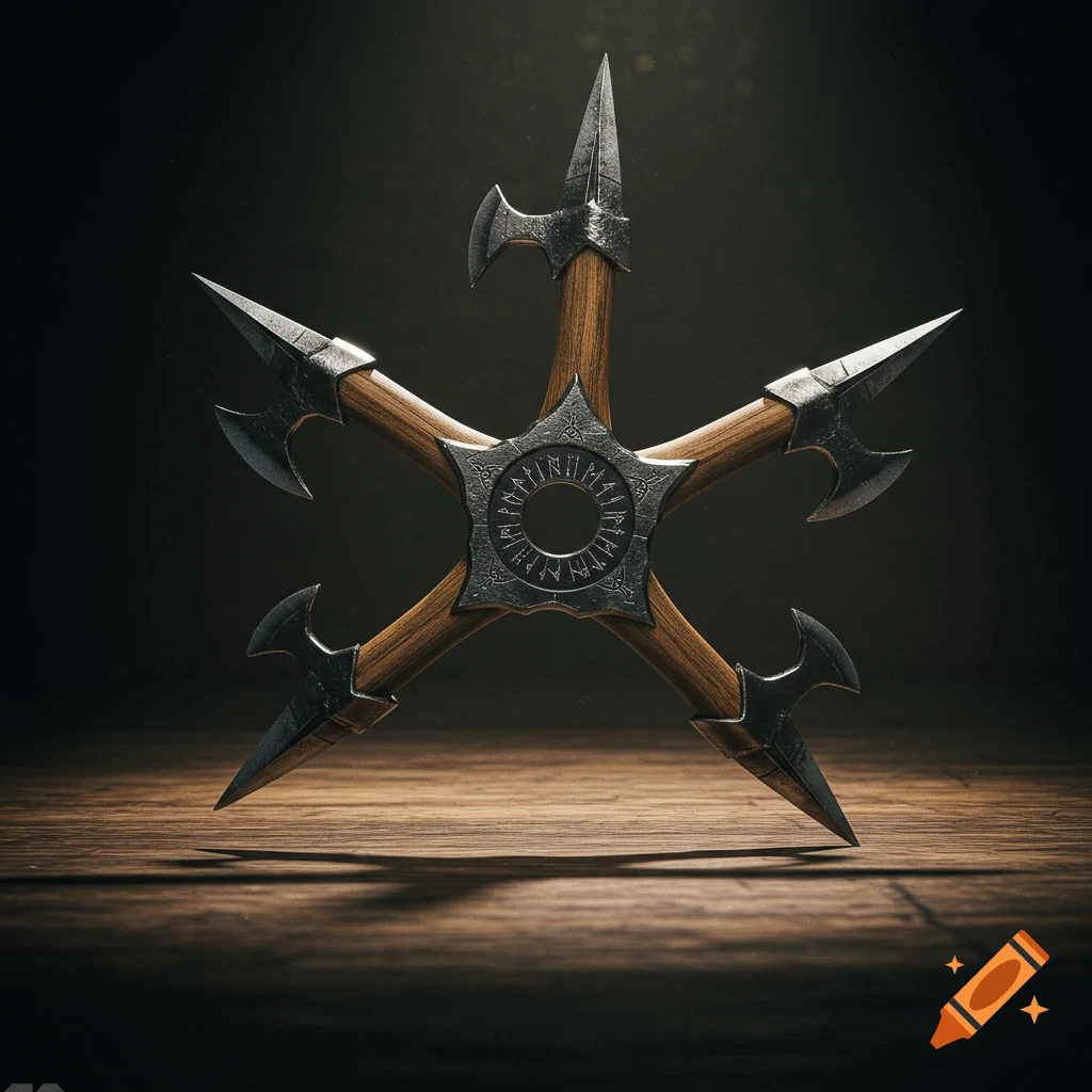 A stylized metal and wood throwing star, featuring five axe blades as points, stands on a dark wooden surface.