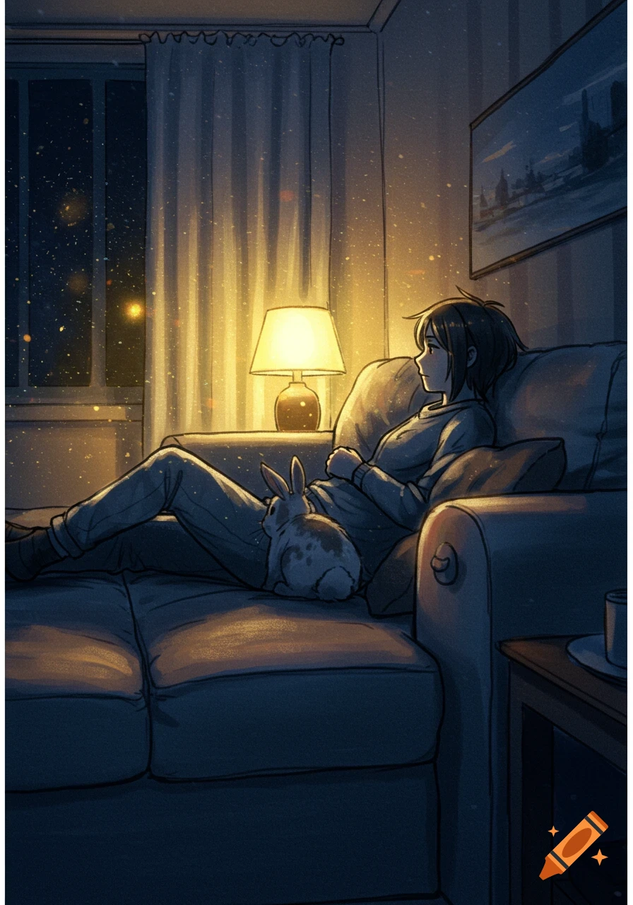 Anime illustration of a person relaxing on a couch with a bunny in a dimly lit, cozy room at night.