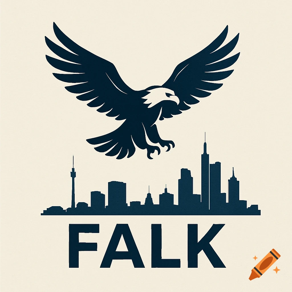 Stylized dark blue eagle soaring above a city skyline silhouette, with the bold text 'FALK' below, on a light cream background.